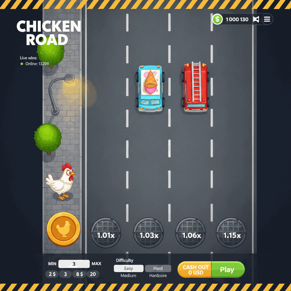 Schermata di gioco di Chicken Road che mostra un pollo cartoon bianco con cresta rossa sulla corsia di partenza di una strada multi-corsia vista dall'alto, con indicatori di moltiplicatore su ogni corsia e interfaccia di gioco che include saldo, livelli di difficoltà e pulsanti di controllo